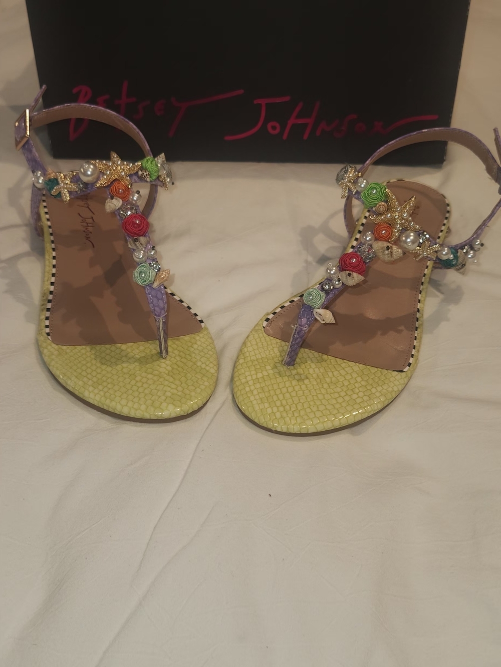 Betsey Johnson Yellow and Purple Floral T-Strap Embellished Sandals